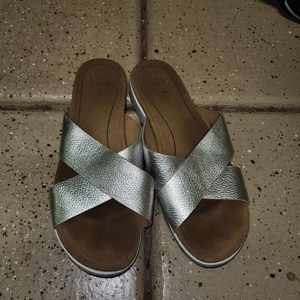UGG Women's Metallic Silver Cross Strap Sandals